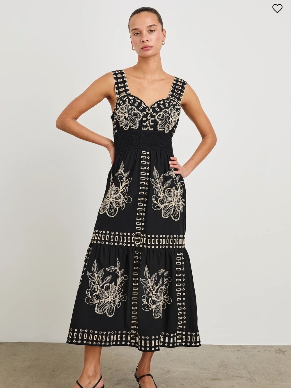 Rails Fawn Embroidered Midi Dress Black/Tan NWT Sweetheart Neck Cotton Poplin